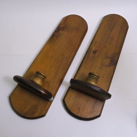 Vintage Pair Hand Crafted 3/4" Wood Hanging Wall Decor 16" Tall Candle Holders - Picture 4 of 7